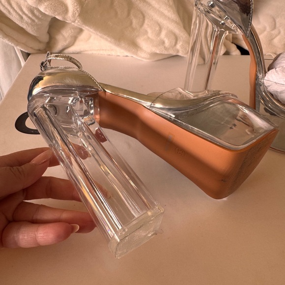 Silver Ankle Strap Platform Block High Heels - Picture 9 of 14